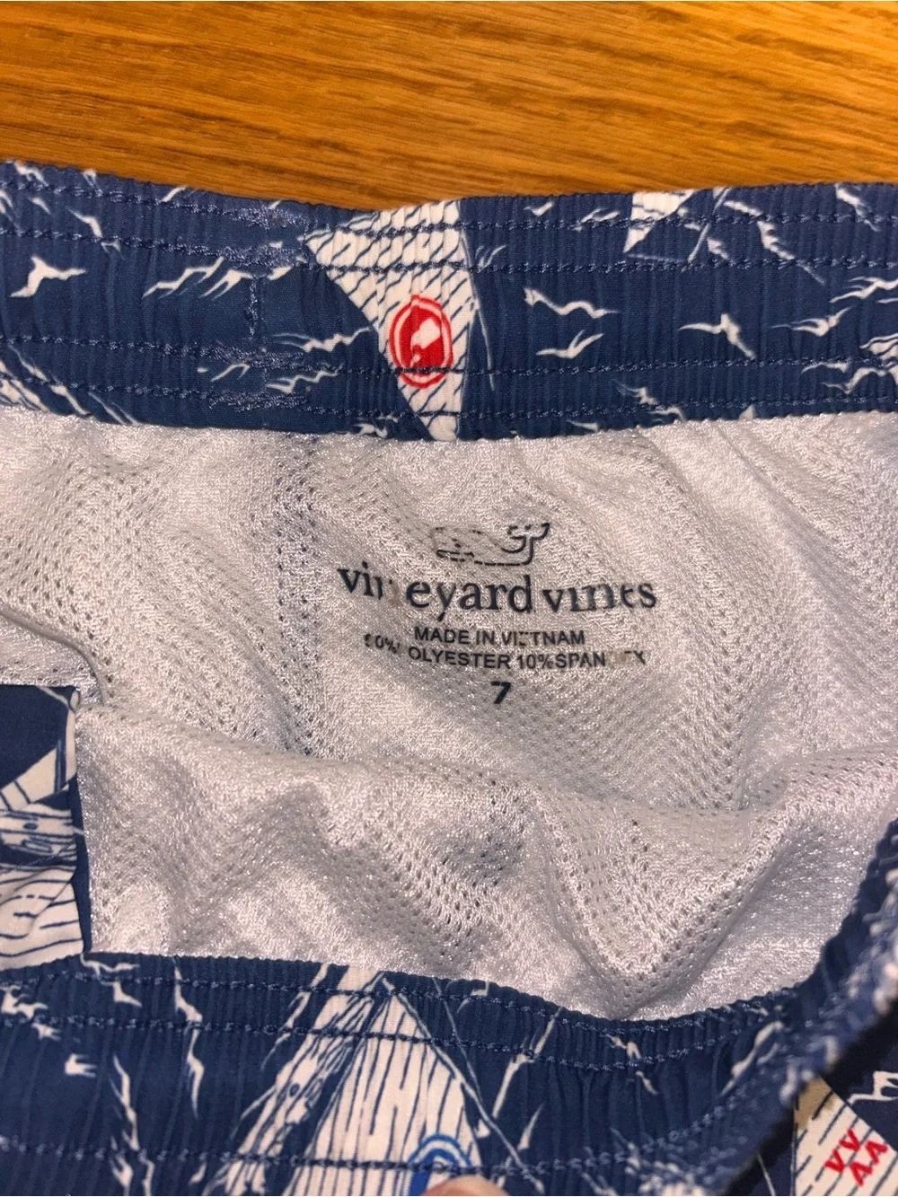 Vineyard Vines Navy Sailboat Print Swim Shorts with White Drawstring